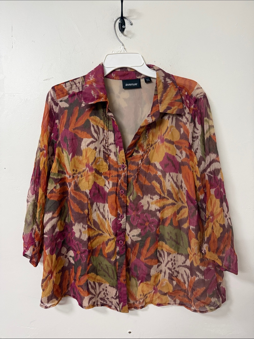 Avenue Multicolor Floral Button-Down Blouse in Pink, Orange & Green